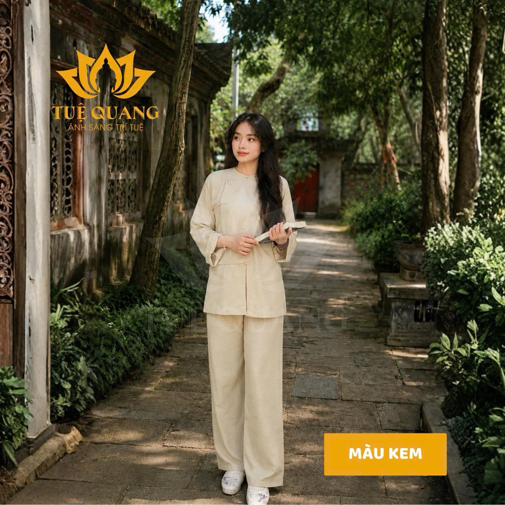 Bộ vạt hò Phật Tử tà ngắn dáng rộng, vải Linen HÀN mịn mát  - Đồ lam đi chùa