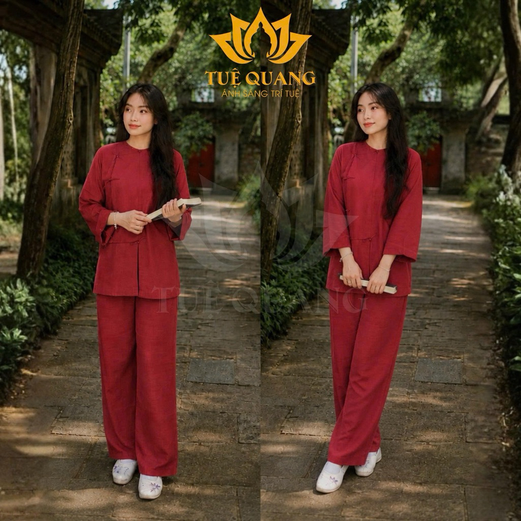 Bộ vạt hò Phật Tử tà ngắn dáng rộng, vải Linen HÀN mịn mát  - Đồ lam đi chùa