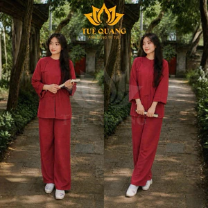 Bộ vạt hò Phật Tử tà ngắn dáng rộng, vải Linen HÀN mịn mát - Đồ lam đi chùa