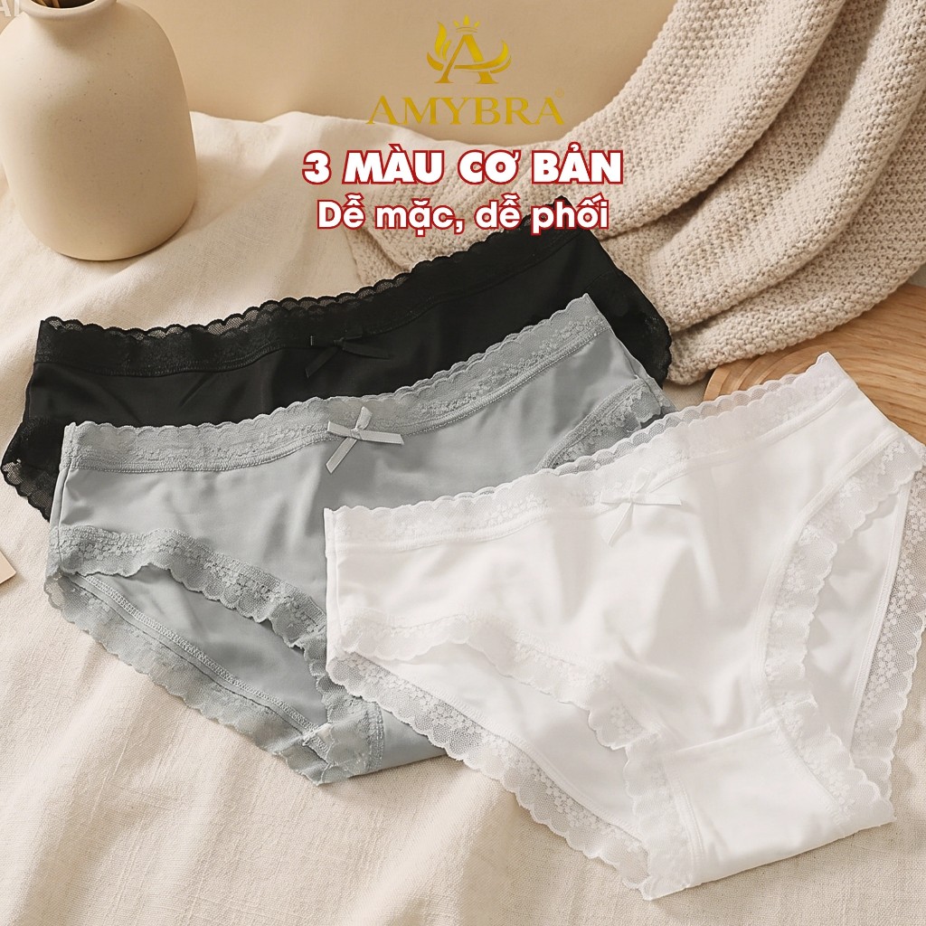 Quần Lót Nữ Su Lụa Mềm Mịn Thoáng Mát, Quần Chip Nữ Phối Viền Ren Đính Nơ Quyến Rũ AMYBRA L519