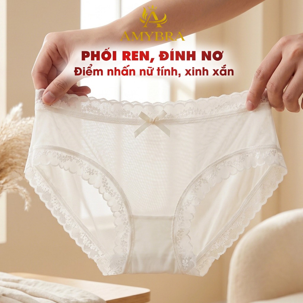 Quần Lót Nữ Su Lụa Mềm Mịn Thoáng Mát, Quần Chip Nữ Phối Viền Ren Đính Nơ Quyến Rũ AMYBRA L519