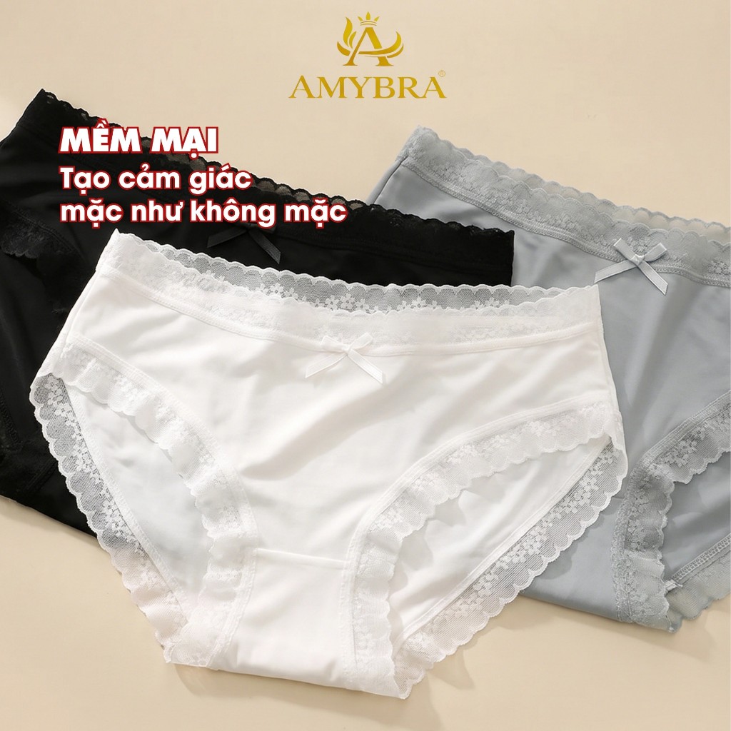 Quần Lót Nữ Su Lụa Mềm Mịn Thoáng Mát, Quần Chip Nữ Phối Viền Ren Đính Nơ Quyến Rũ AMYBRA L519