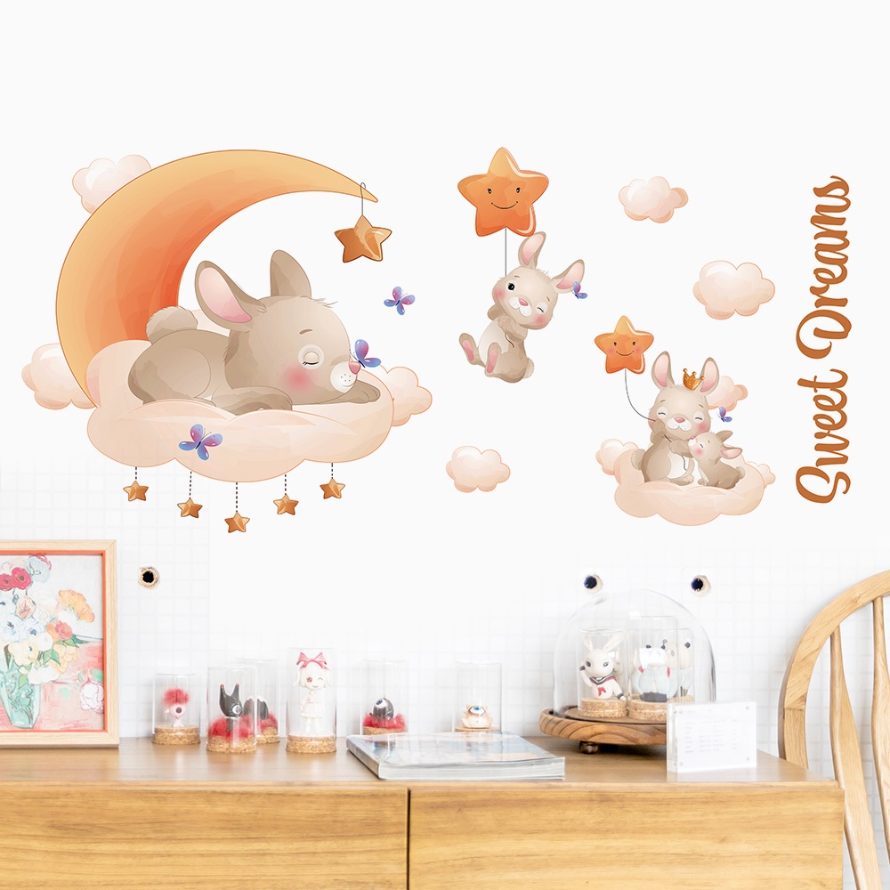 Decal Dán Tường Thỏ Ngủ Trên Cung Trăng Có Keo Sẵn 120x55cm - Trang Trí Phòng Ngủ Cho Bé