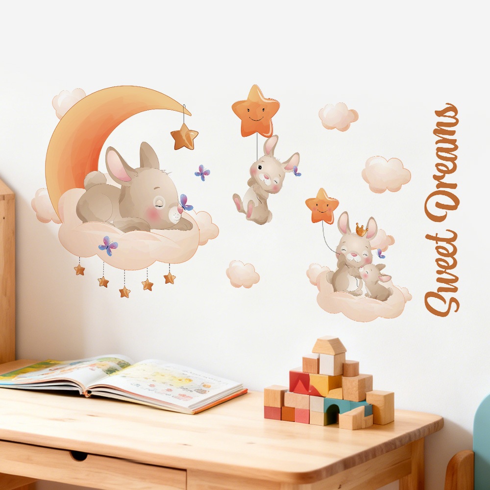 Decal Dán Tường Thỏ Ngủ Trên Cung Trăng Có Keo Sẵn 120x55cm - Trang Trí Phòng Ngủ Cho Bé