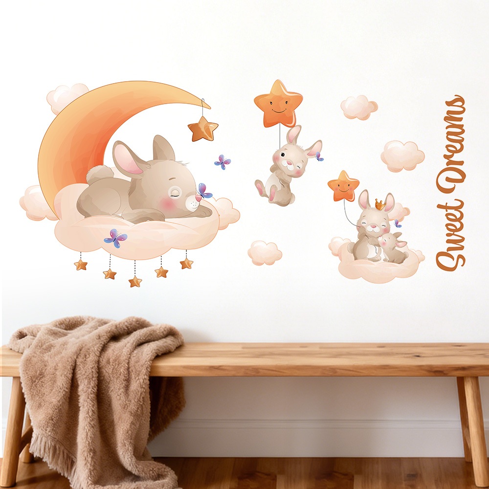Decal Dán Tường Thỏ Ngủ Trên Cung Trăng Có Keo Sẵn 120x55cm - Trang Trí Phòng Ngủ Cho Bé