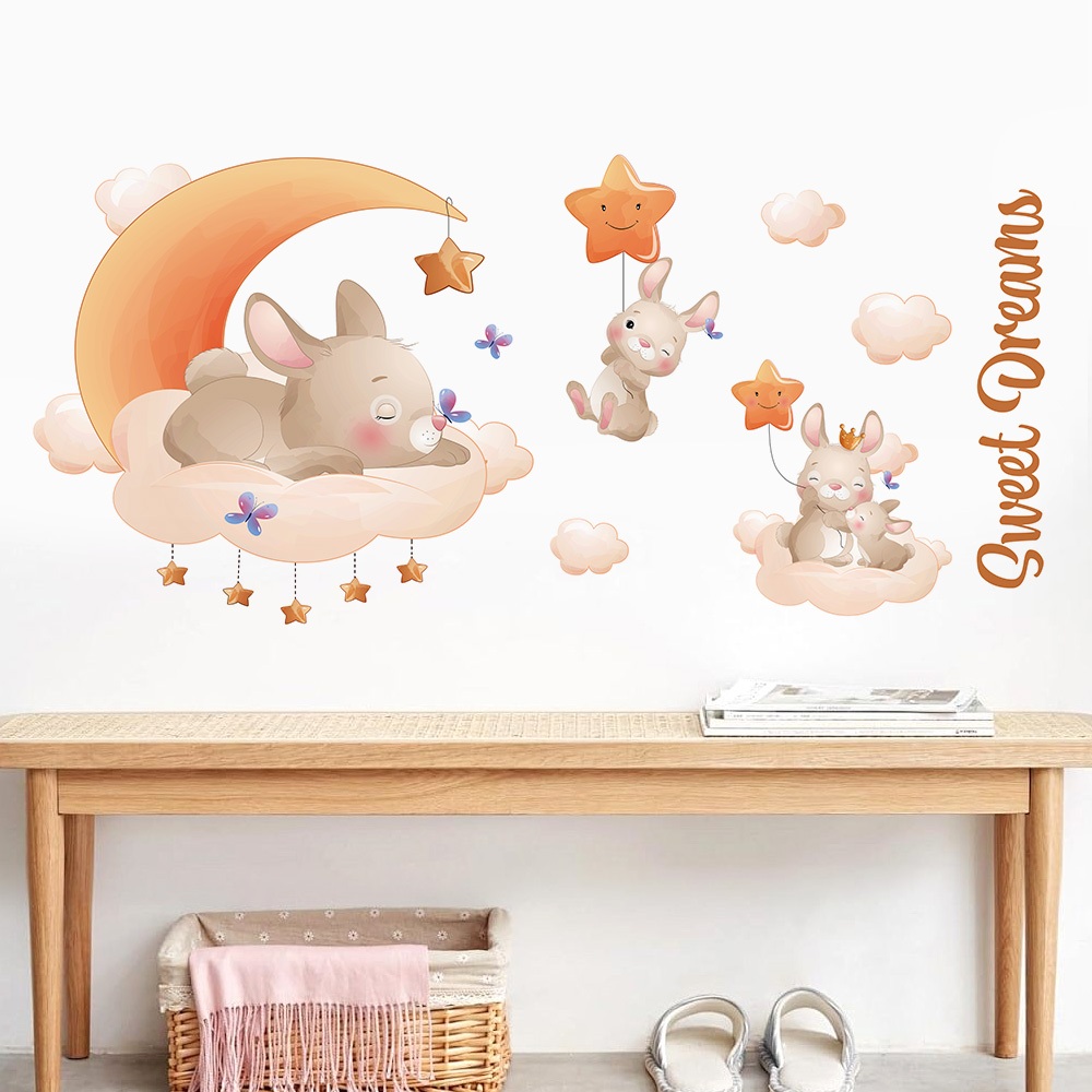 Decal Dán Tường Thỏ Ngủ Trên Cung Trăng Có Keo Sẵn 120x55cm - Trang Trí Phòng Ngủ Cho Bé