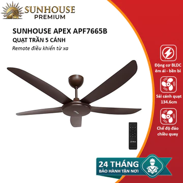 Quạt trần SUNHOUSE APEX APF7665B quạt 5 cánh, remote điều khiển - Bảo hành 24 tháng