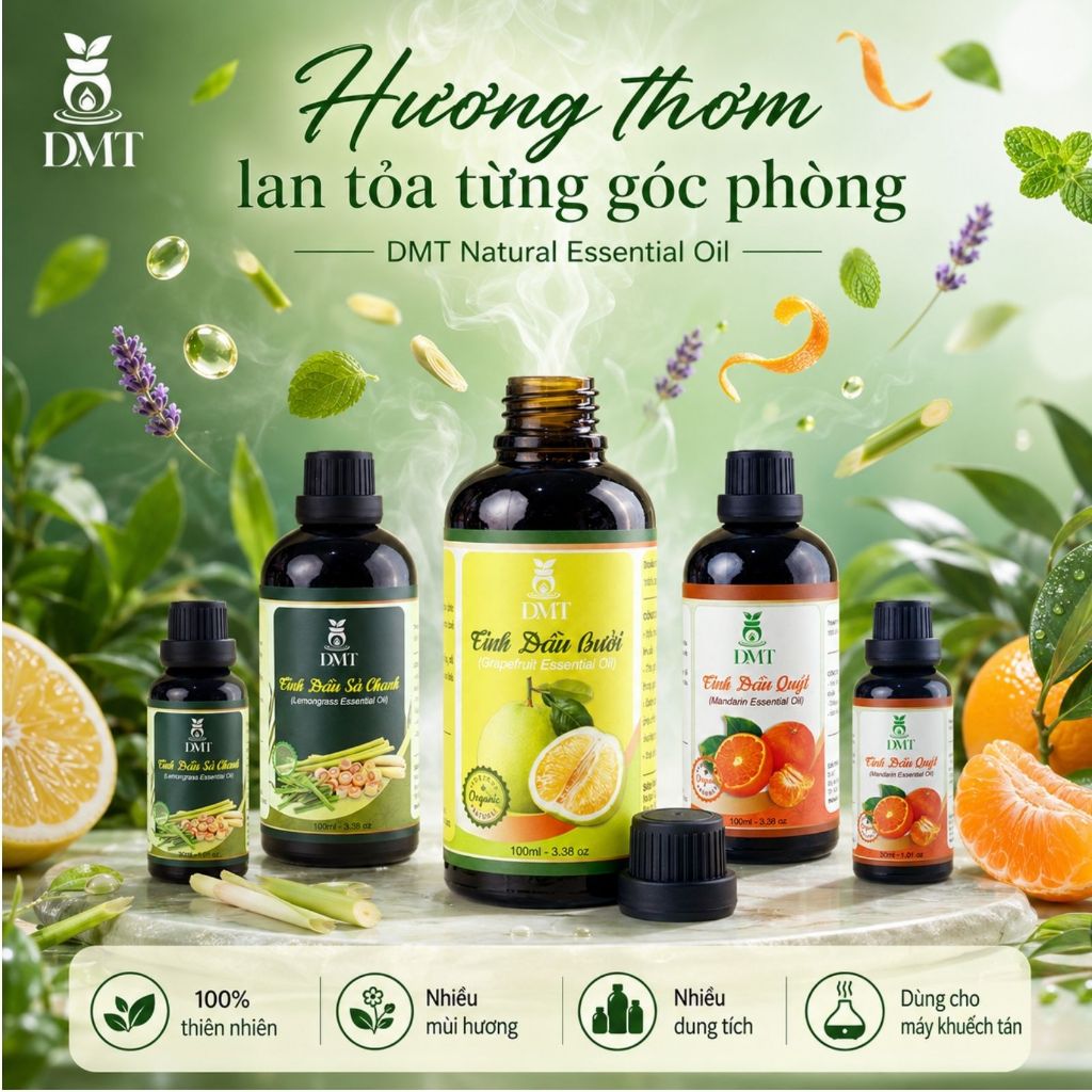 Tinh dầu xông thơm phòng DMT - xông phòng, khuếch tán, đuổi muỗi, nguyên chất 100ml - 12 Mùi hương