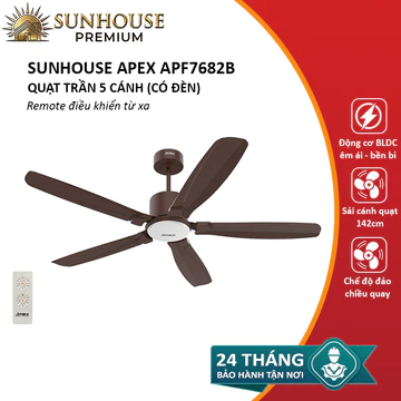 Quạt trần có đèn SUNHOUSE APEX APF7682B quạt 5 cánh, remote điều khiển - Bảo hành 24 tháng