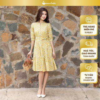 SWANLAKE | Váy Đầm Midi Nữ Cotton Bông Nhí Cổ Trụ Cài Nút Tay Lỡ Dây Thắt Eo Du Lịch Biển Hè D11041