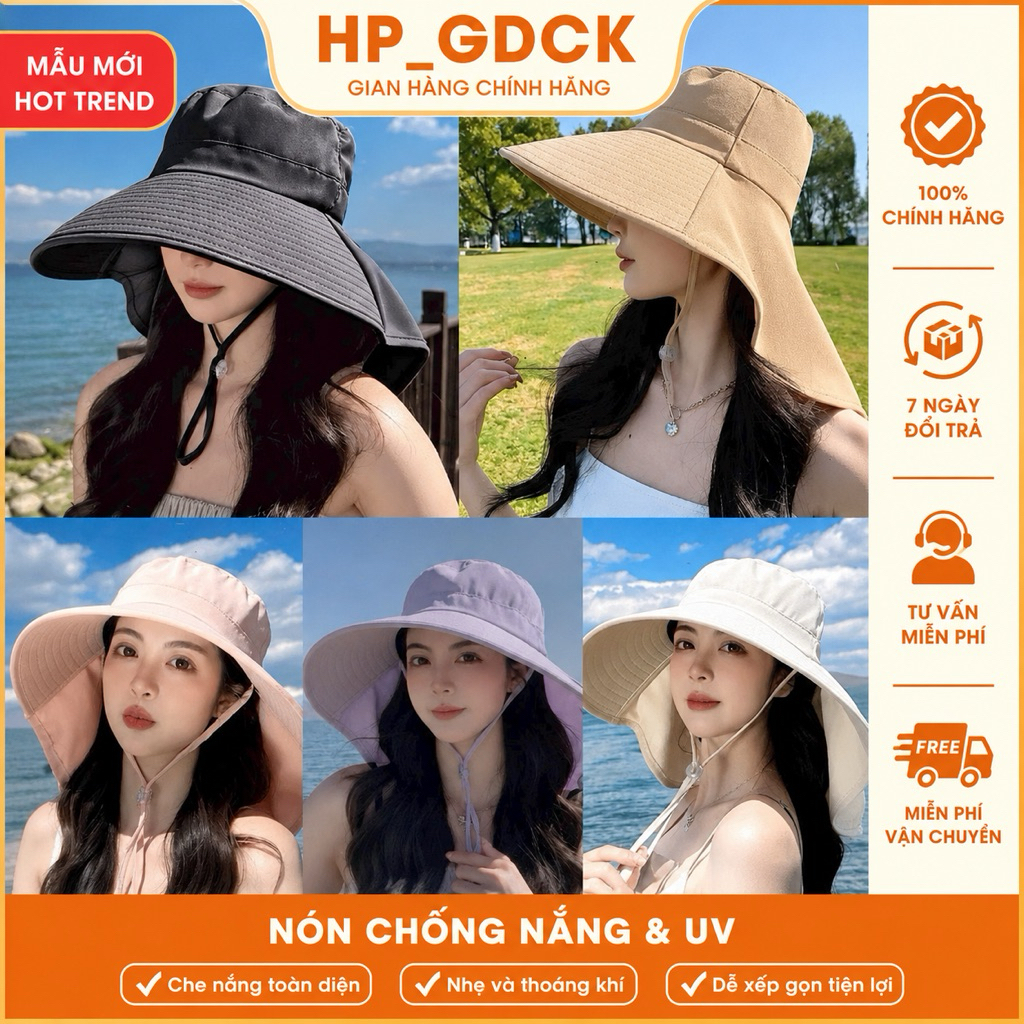 mũ chống nắng nữ. Vành Rộng Chống UV, Mũ Đi Biển Che Mặt Che Cổ 360 Độ, Gấp Gọn Th