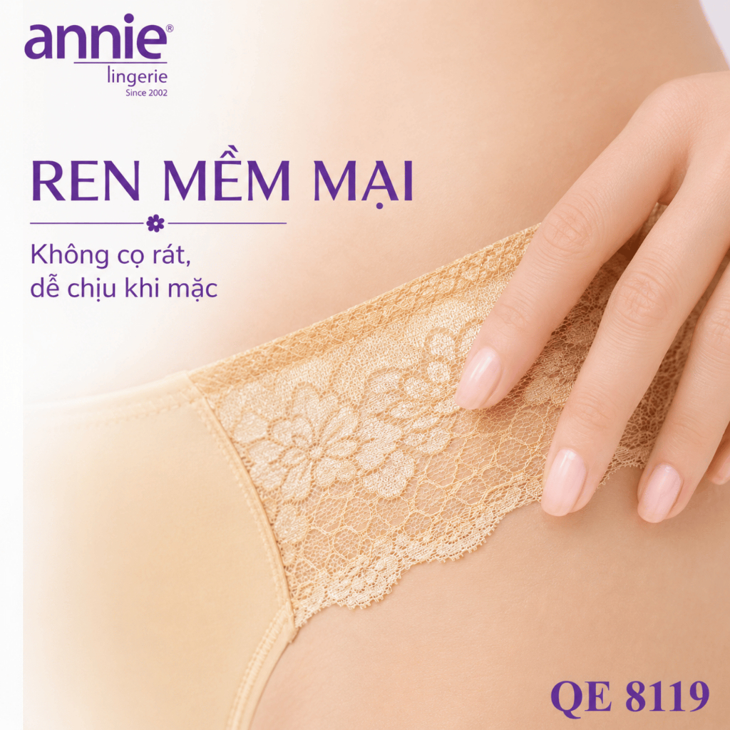 Quần lót nữ trơn viền ren annie QE8119 nữ tính, mềm mại, co giãn tốt ôm sát vòng 3, thoáng mát
