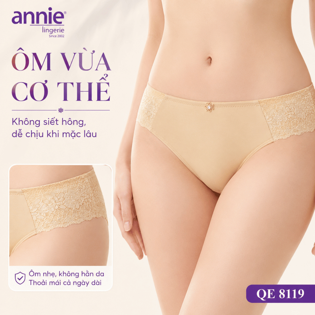 Quần lót nữ trơn viền ren annie QE8119 nữ tính, mềm mại, co giãn tốt ôm sát vòng 3, thoáng mát