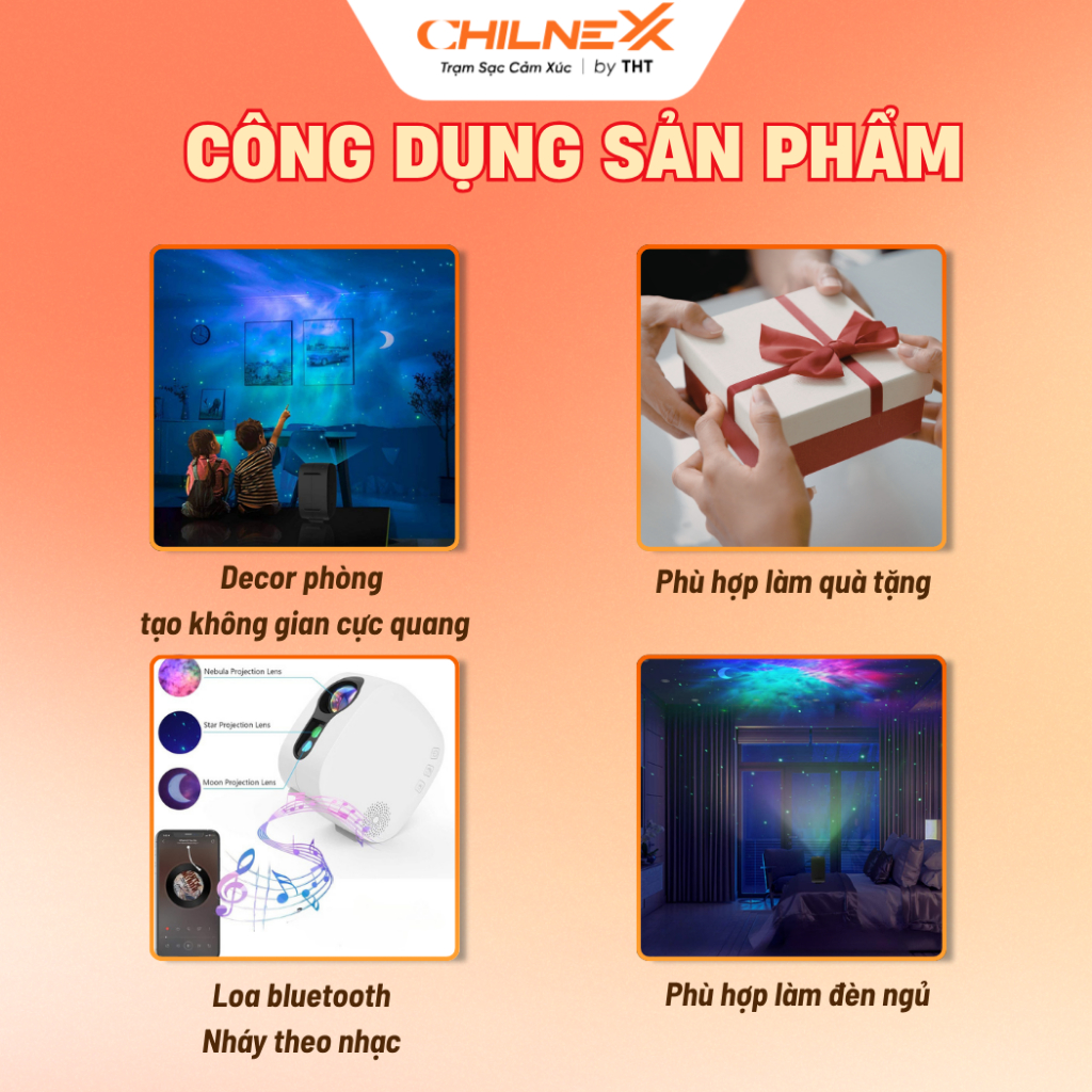 Đèn Thiên Hà V2 CHILNEXX chiếu trăng sao đèn ngủ quà tặng cho bé loa bluetooth  nháy theo nhạc decor trang trí phòng