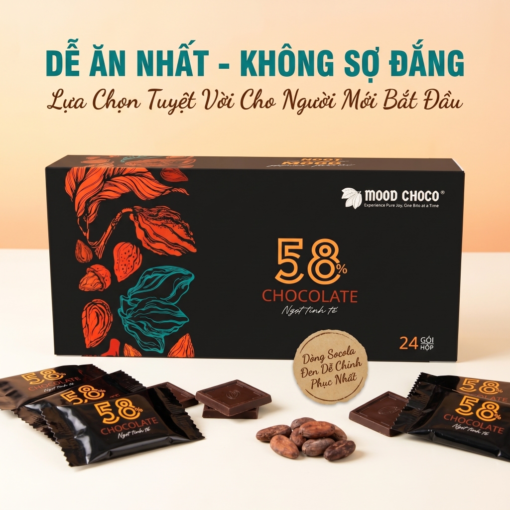 Socola Đen 58% Cacao MOOD CHOCO Vị Ngọt Dịu Béo Ngậy Phù Hợp Mọi Lứa Tuổi Hộp 24 Gói