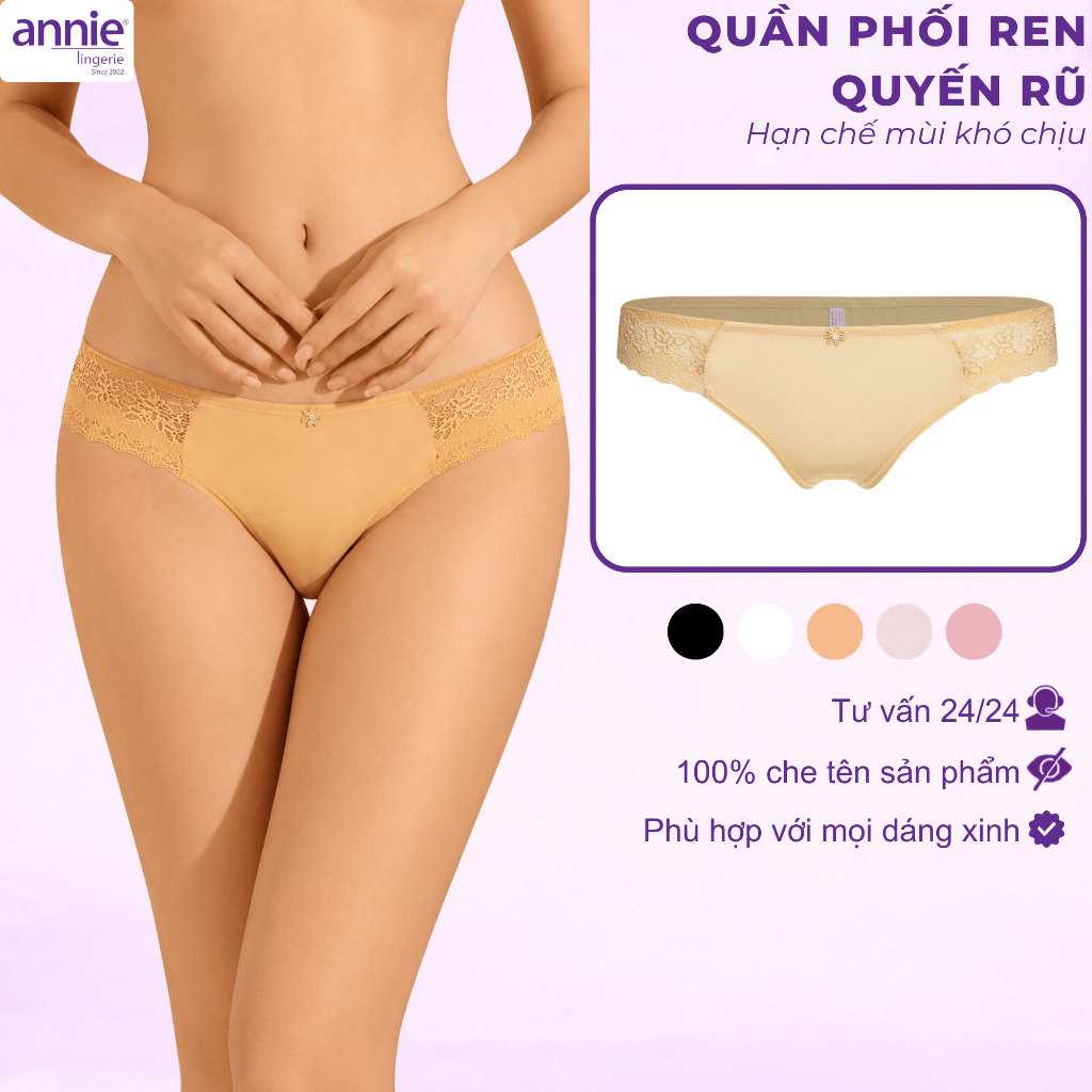 Quần lót nữ trơn viền ren annie QE8119 nữ tính, mềm mại, co giãn tốt ôm sát vòng 3, thoáng mát