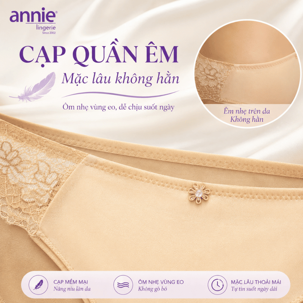 Quần lót nữ trơn viền ren annie QE8119 nữ tính, mềm mại, co giãn tốt ôm sát vòng 3, thoáng mát