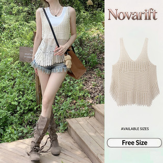 Nova-Áo 3 lỗ, áo ren biển dệt kim kiểu dáng cách điệu trẻ trung cá tính màu kem trắng Thời Trang Cho Nữ