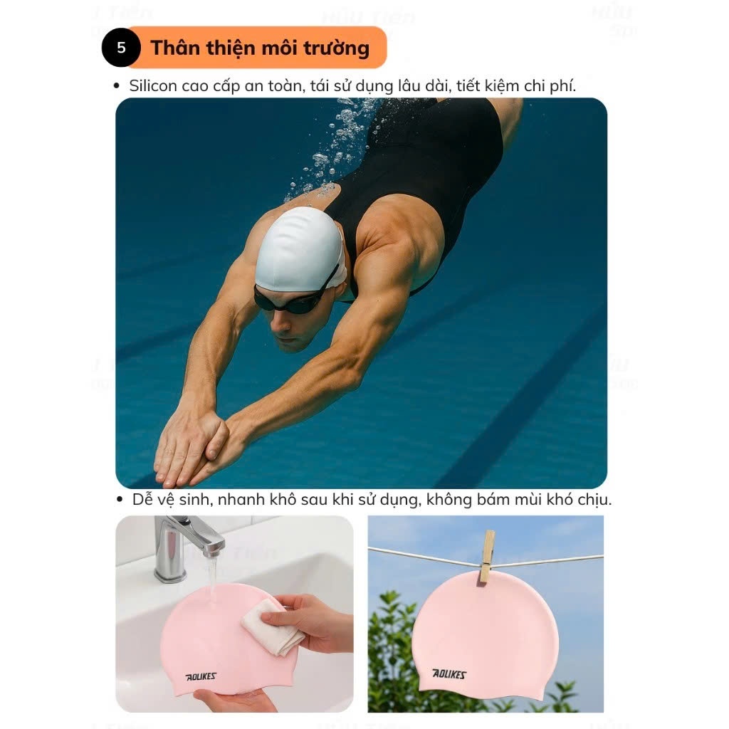Mũ Bơi, Nón Bơi Người Lớn Silicone Chống Thấm Nước, Siêu Co Giãn, Bảo Vệ Tai Và Tóc AOLIKES