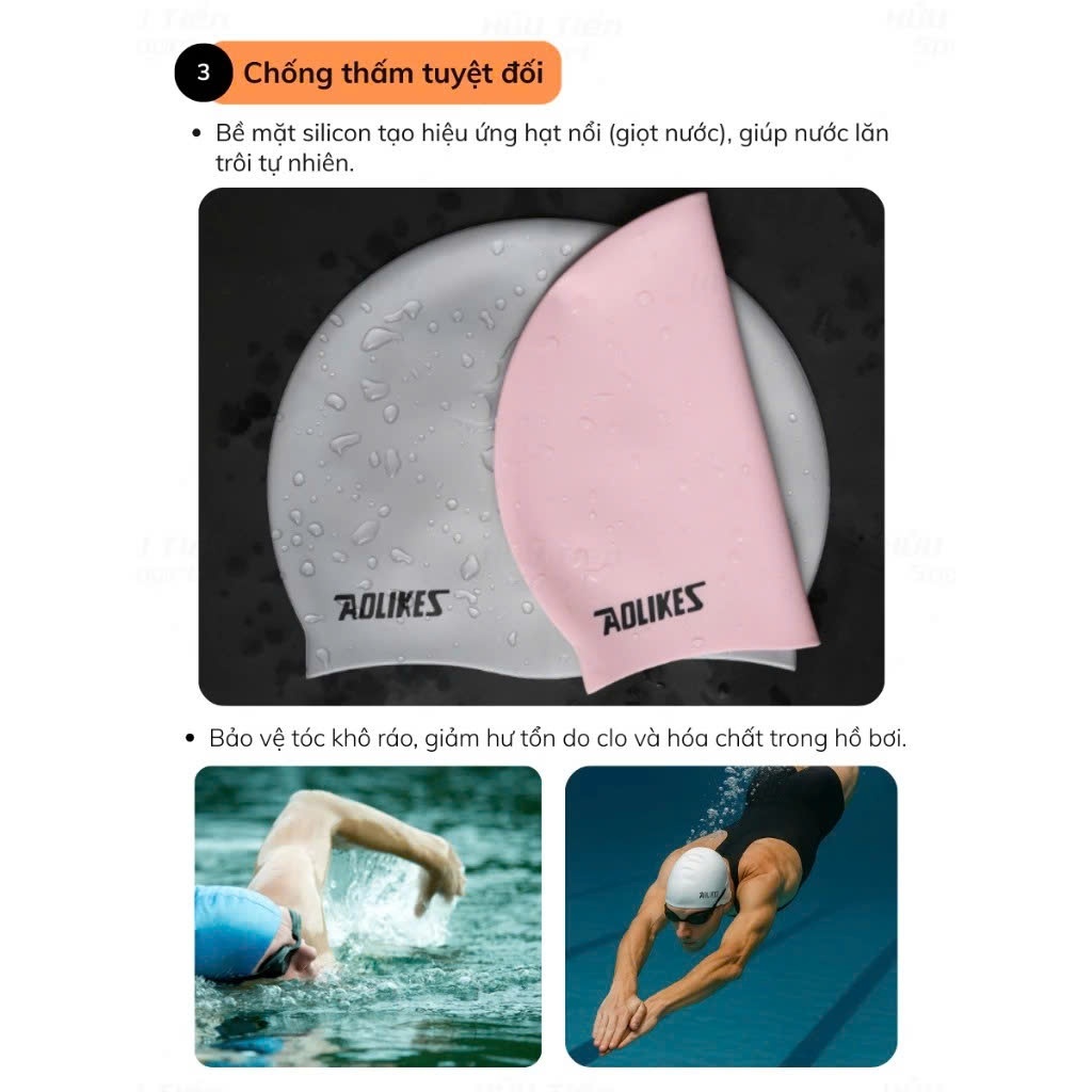 Mũ Bơi, Nón Bơi Người Lớn Silicone Chống Thấm Nước, Siêu Co Giãn, Bảo Vệ Tai Và Tóc AOLIKES