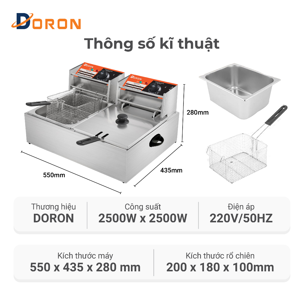 Bếp chiên dầu DORON 12L đa năng chiên gà rán, khoai tây, đồ ăn nhanh sôi cực nhanh