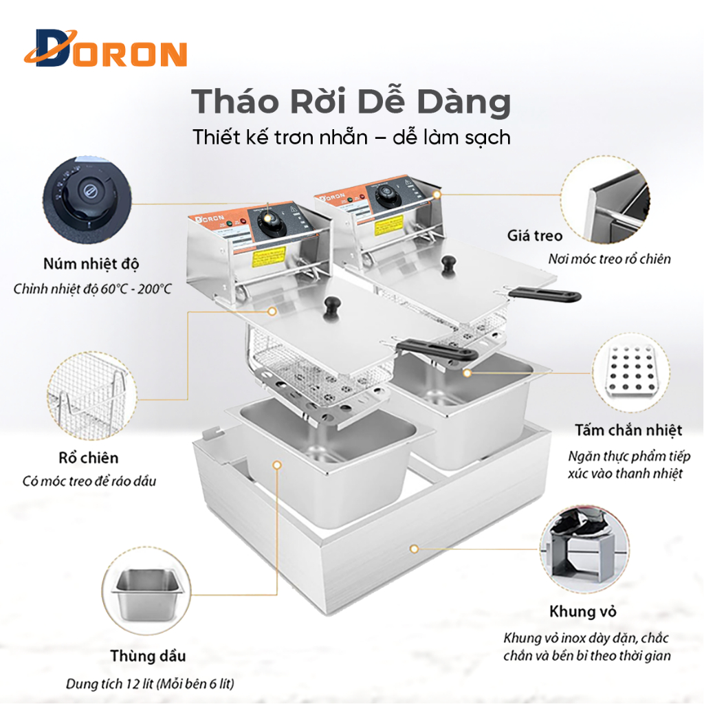 Bếp chiên dầu DORON 12L đa năng chiên gà rán, khoai tây, đồ ăn nhanh sôi cực nhanh