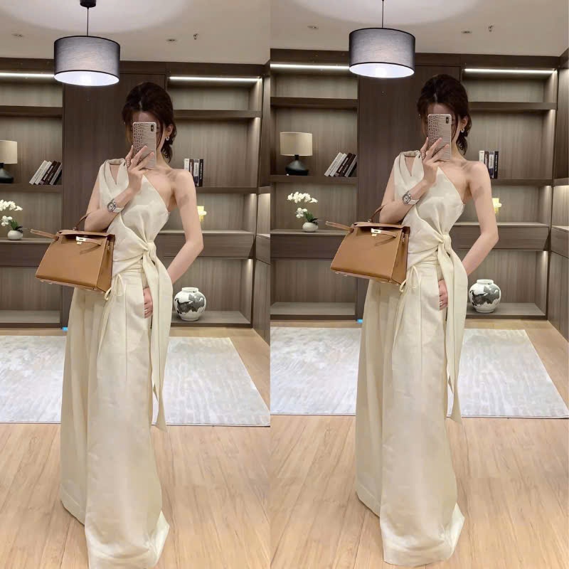 NH CLOTHER -Áo dáng lệch vai vắt chéo quấn eo buộc nơ hông phối quần dài suông rộng