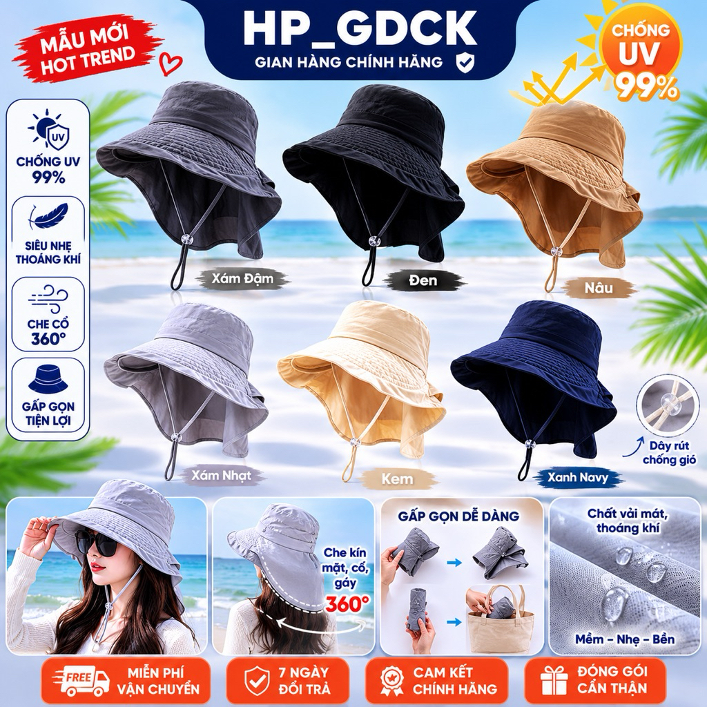 mũ chống nắng nữ . Vành Rộng Chống UV 360°, Mũ Đi Biển Che Cổ Gấp Gọn Thoáng Khí Cao Cấp