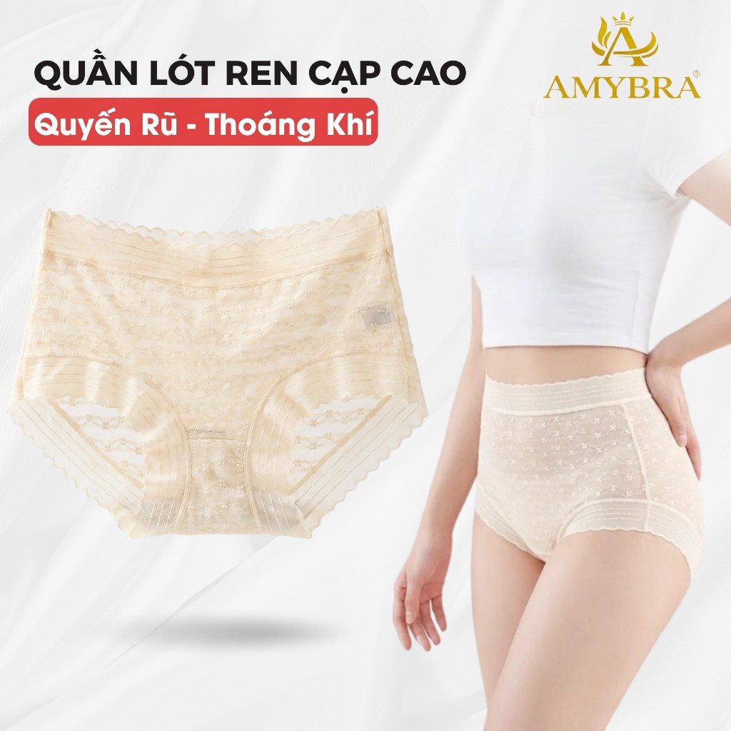 Quần Lót Nữ Ren Hoa Cạp Cao Ôm Dáng Mềm Mại, Quần Chip Nữ Xuyên Thấu Thoáng Khí AMYBRA L5505