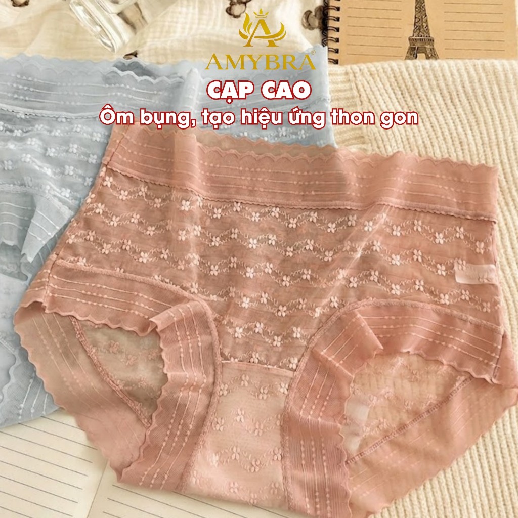 Combo Quần Lót Nữ Cạp Cao Đáy May Thoáng Khí, Set Quần Chip Nữ Ren Mềm Ôm Mông AMYBRA L5505