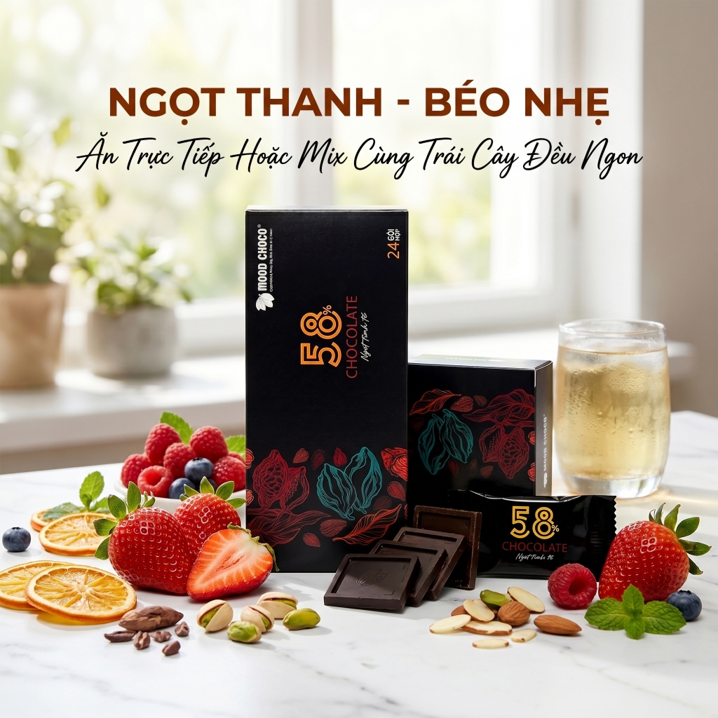 Socola Đen 58% Cacao MOOD CHOCO Vị Ngọt Dịu Béo Ngậy Phù Hợp Mọi Lứa Tuổi Hộp 24 Gói