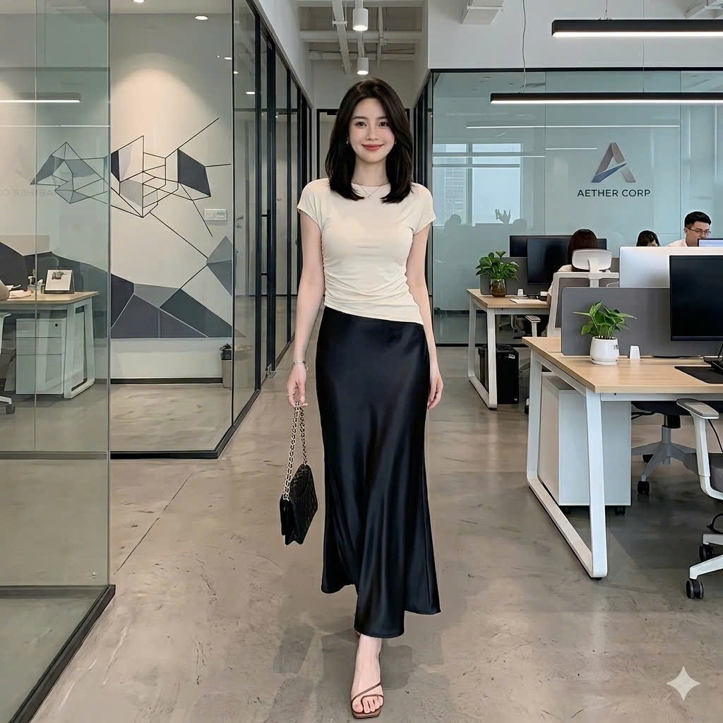 Chân Váy lụa Midi Dáng Dài Chữ A Cạp Trễ Lưng chun bên trong Chất lụa Vân Gỗ mềm mịn Ohari House