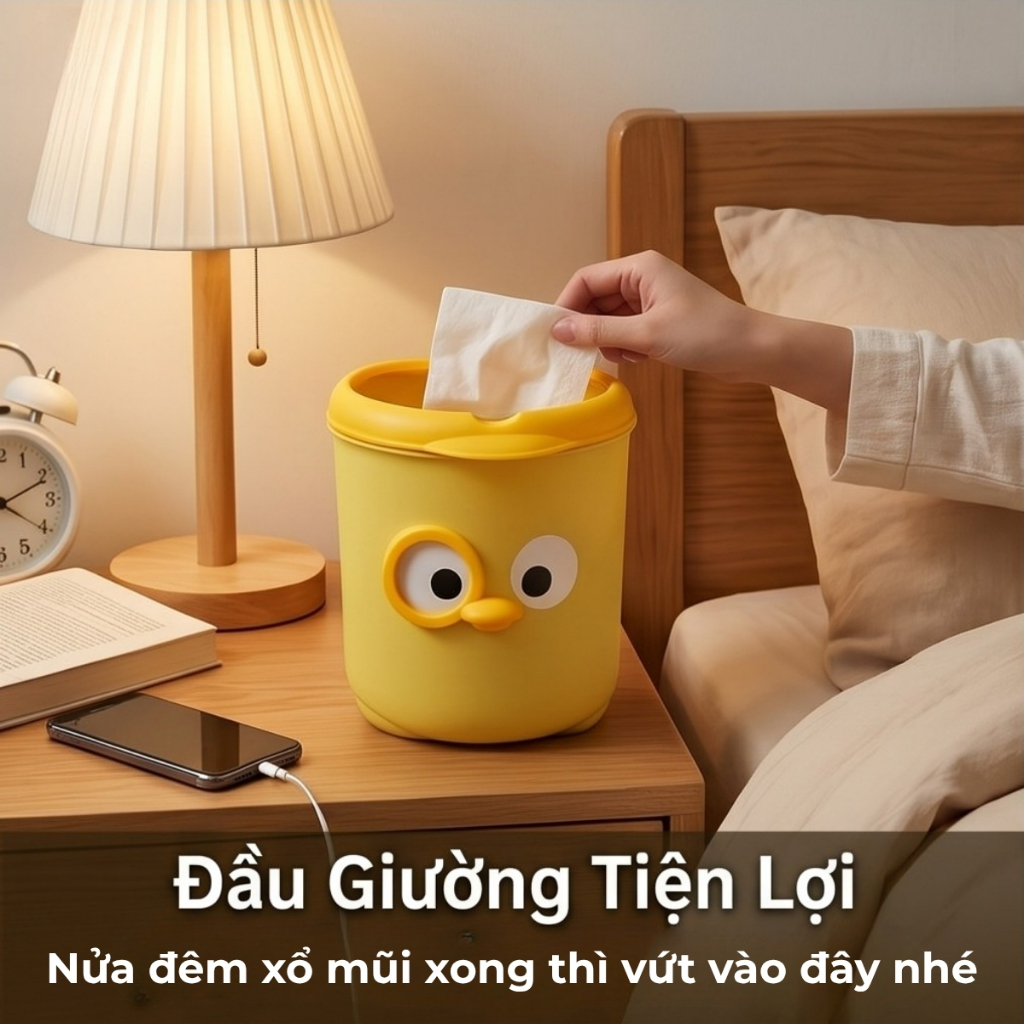 Thùng Rác Mini Để Bàn Chú Vịt Dễ Thương Có Nắp Tiện Lợi, Sọt Rác Nhựa PP Tiết Kiệm Không Gian