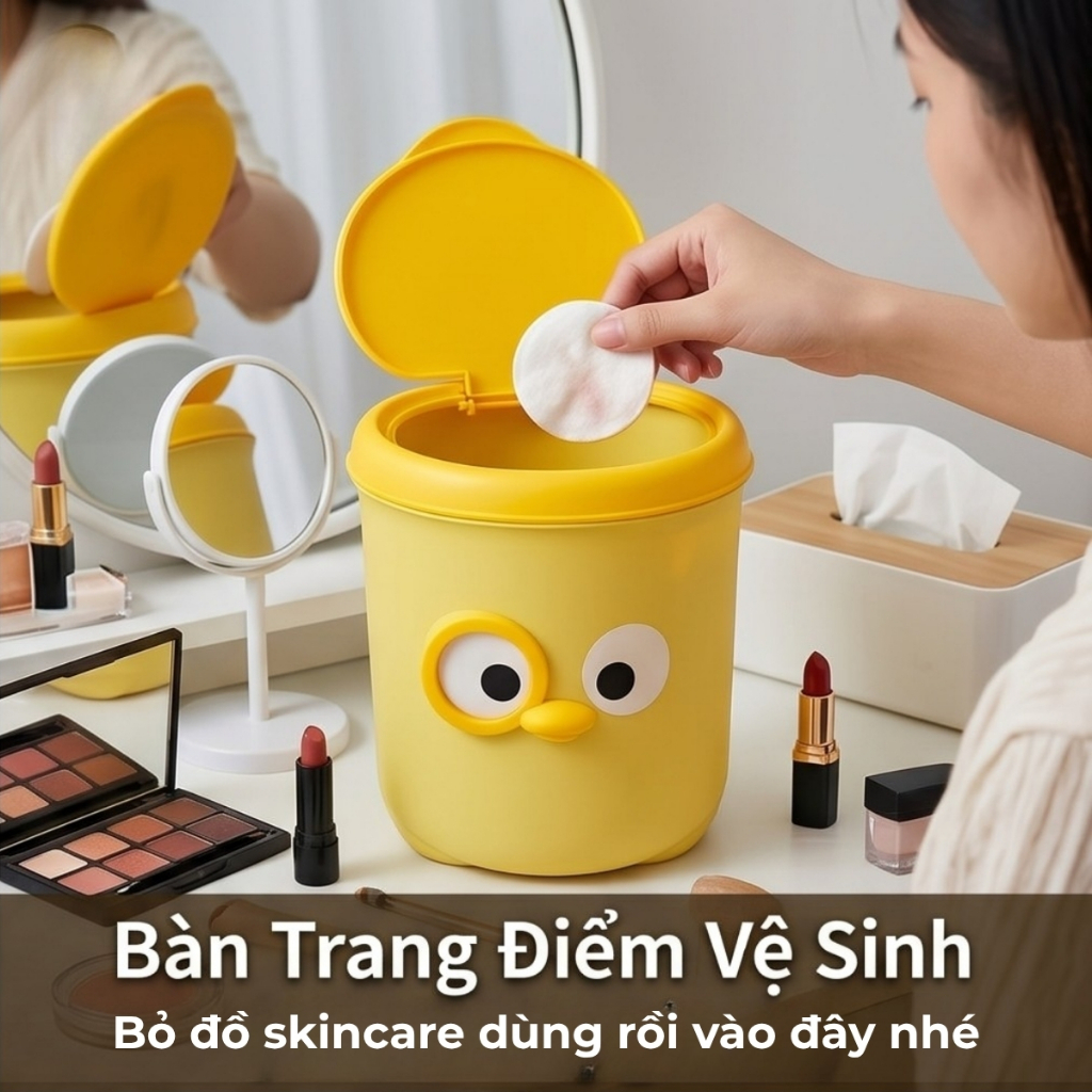Thùng Rác Mini Để Bàn Chú Vịt Dễ Thương Có Nắp Tiện Lợi, Sọt Rác Nhựa PP Tiết Kiệm Không Gian