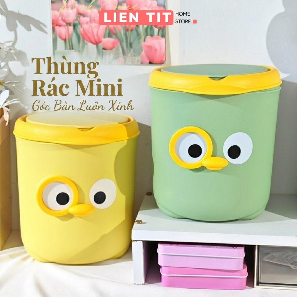Thùng Rác Mini Để Bàn Chú Vịt Dễ Thương Có Nắp Tiện Lợi, Sọt Rác Nhựa PP Tiết Kiệm Không Gian