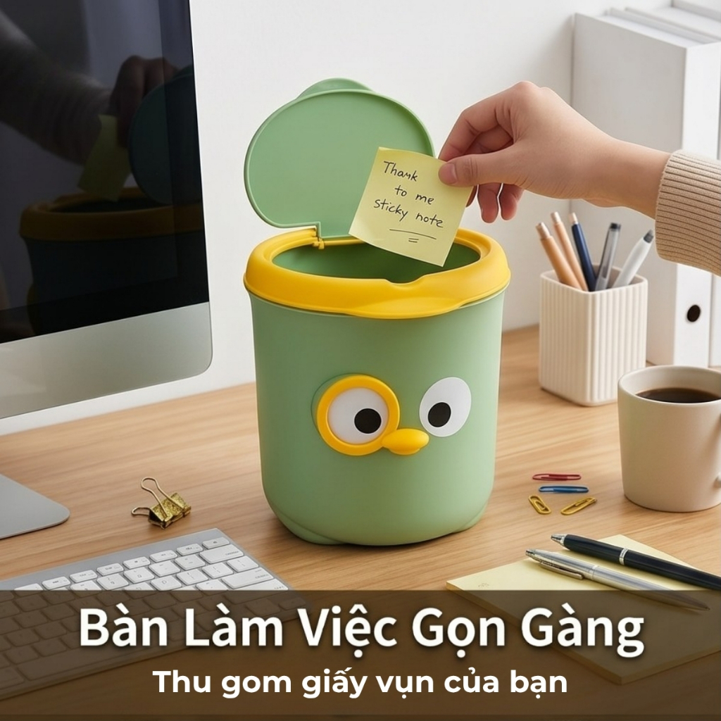 Thùng Rác Mini Để Bàn Chú Vịt Dễ Thương Có Nắp Tiện Lợi, Sọt Rác Nhựa PP Tiết Kiệm Không Gian