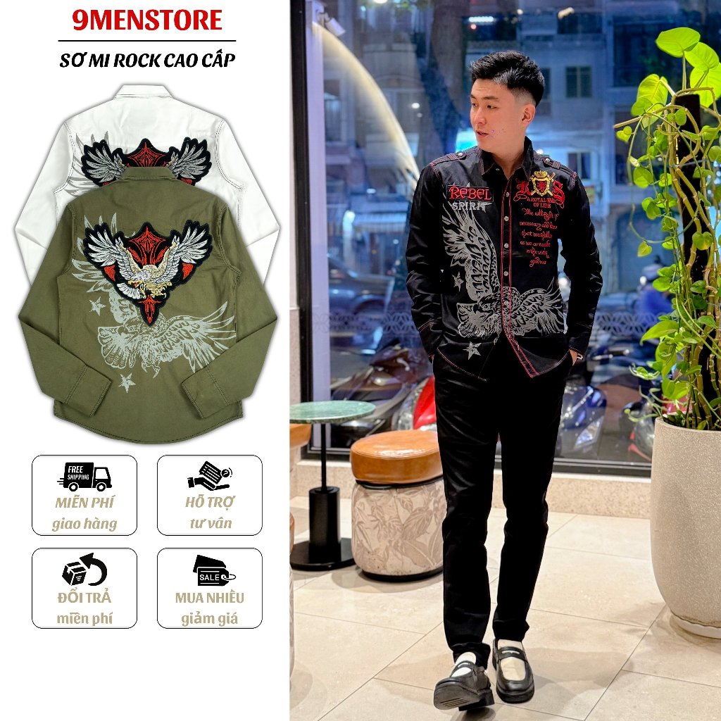 Sơ Mi Rock Classic Cao Cấp Thêu Họa Tiết Đại Bàng Chỉ Đỏ,Vải Kaki Tôn Dáng, Cúc Kim Loại Đẳng Cấp 70