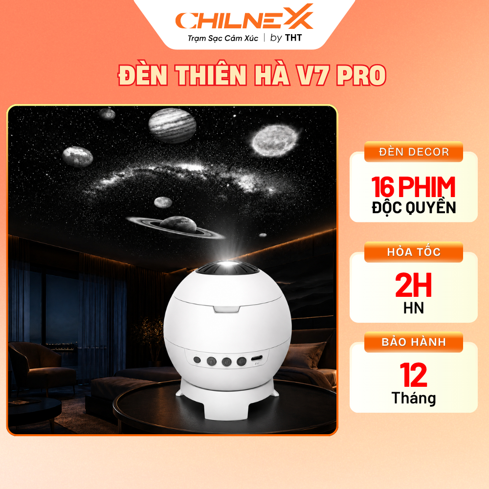 Đèn Ngân Hà V7 Pro CHILNEXX by THT chiếu trăng sao bluetooth tiếng ồn trắng đèn ngủ quà tặng xoay 360 độ