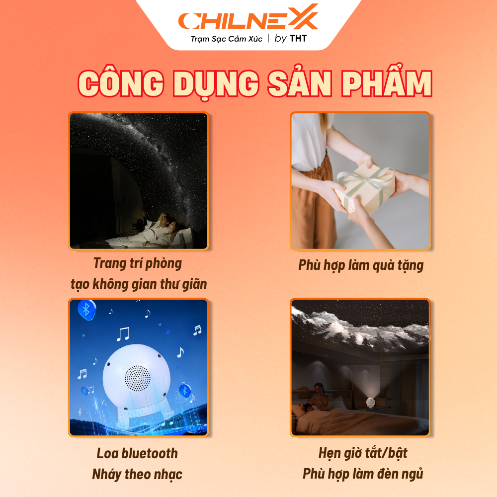 Đèn Ngân Hà V7 Pro CHILNEXX by THT chiếu trăng sao bluetooth tiếng ồn trắng đèn ngủ quà tặng xoay 360 độ