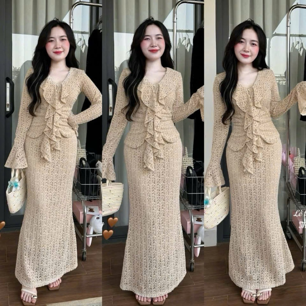 Set Váy Body Tay Loe Dài Nhún Bèo Siêu Tôn Dáng Dự Tiệc Đi Chơi Sang Trọng Size SM V797 AĐ BOUTIQUE | BigBuy360 - bigbuy360.vn