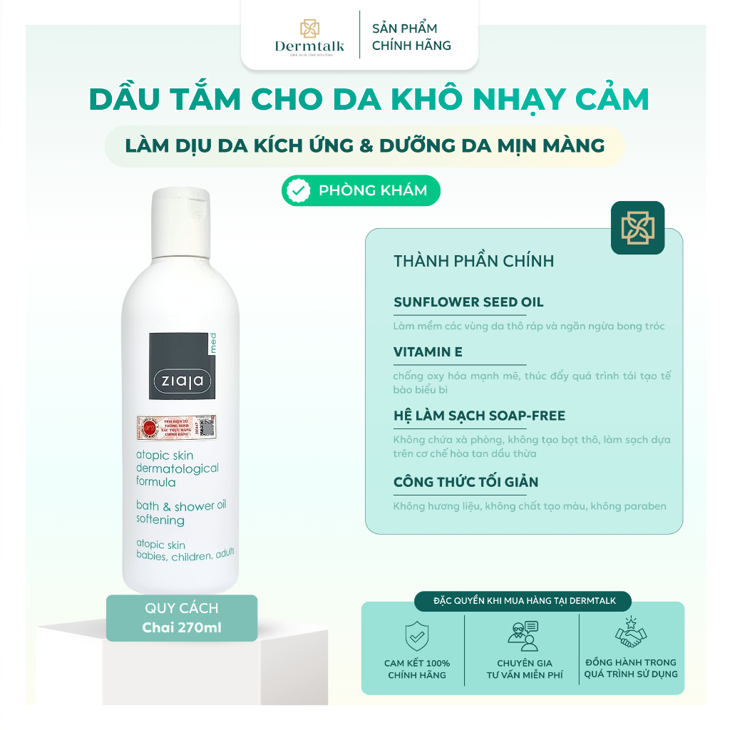 Dầu tắm mềm mịn da Ziaja Med Atopic Skin (270ml) - Dầu tắm cho da khô nhạy cảm, làm dịu da kích ứng, phục hồi màng Lipid