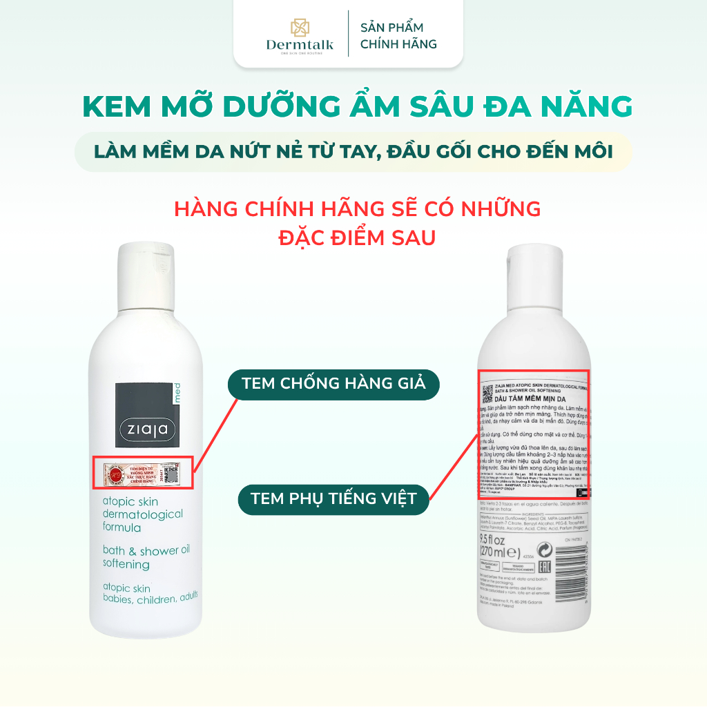 Dầu tắm mềm mịn da Ziaja Med Atopic Skin (270ml) - Dầu tắm cho da khô nhạy cảm, làm dịu da kích ứng, phục hồi màng Lipid
