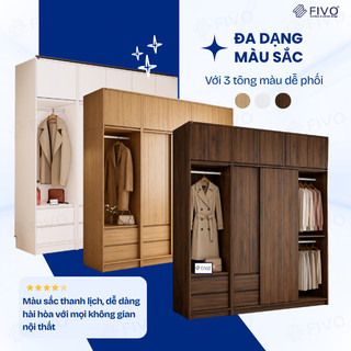 Tủ Gỗ Quần Áo Cửa Lùa Cao Cấp FC35 FIVO, Màu Walnut Dày 17mm, Kèm Ngăn Kéo Sâu 60cm, Freeship+Free lắp đặt, Trả Góp 0%