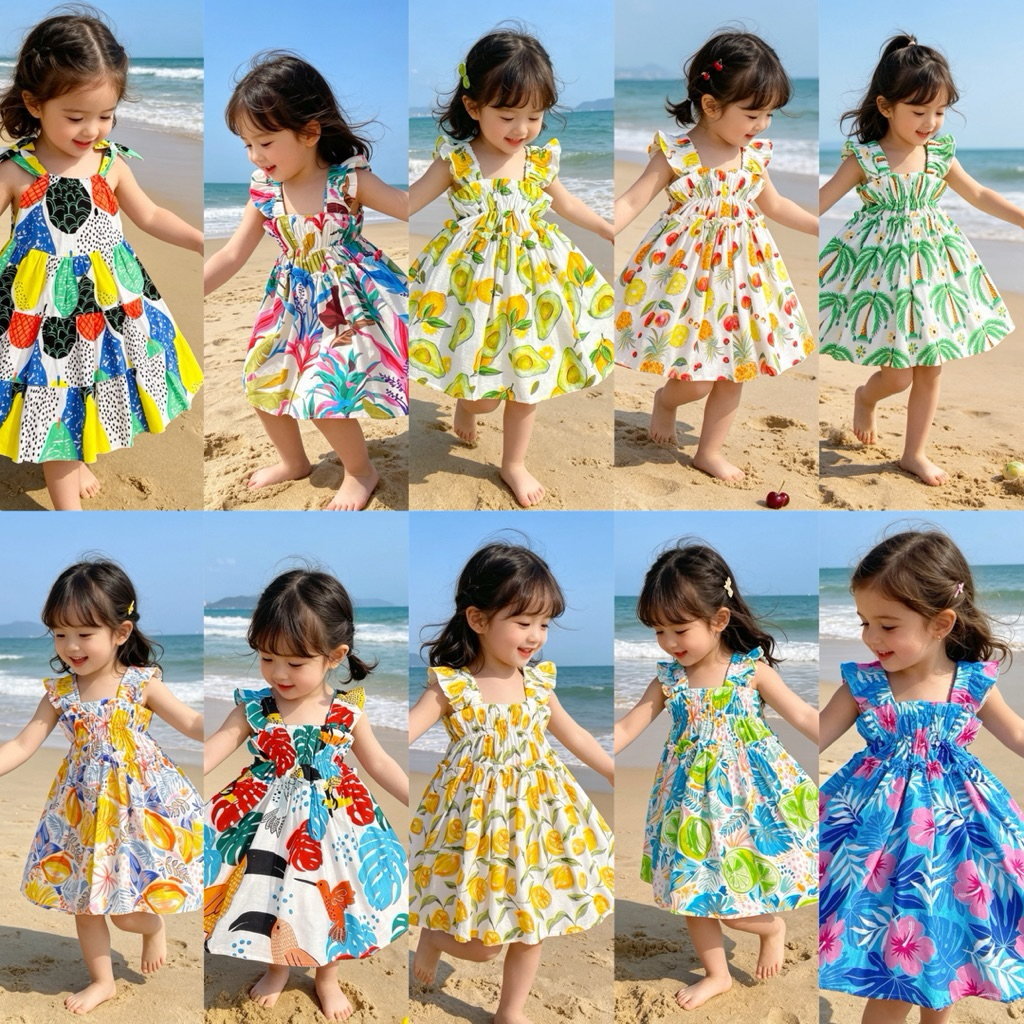 Váy Bé Gái Đũi Đi Biển 2–11Y (10–36kg) – Váy Sắc Màu Siêu Thoáng Mát, Dễ Thương Mùa Hè Mina