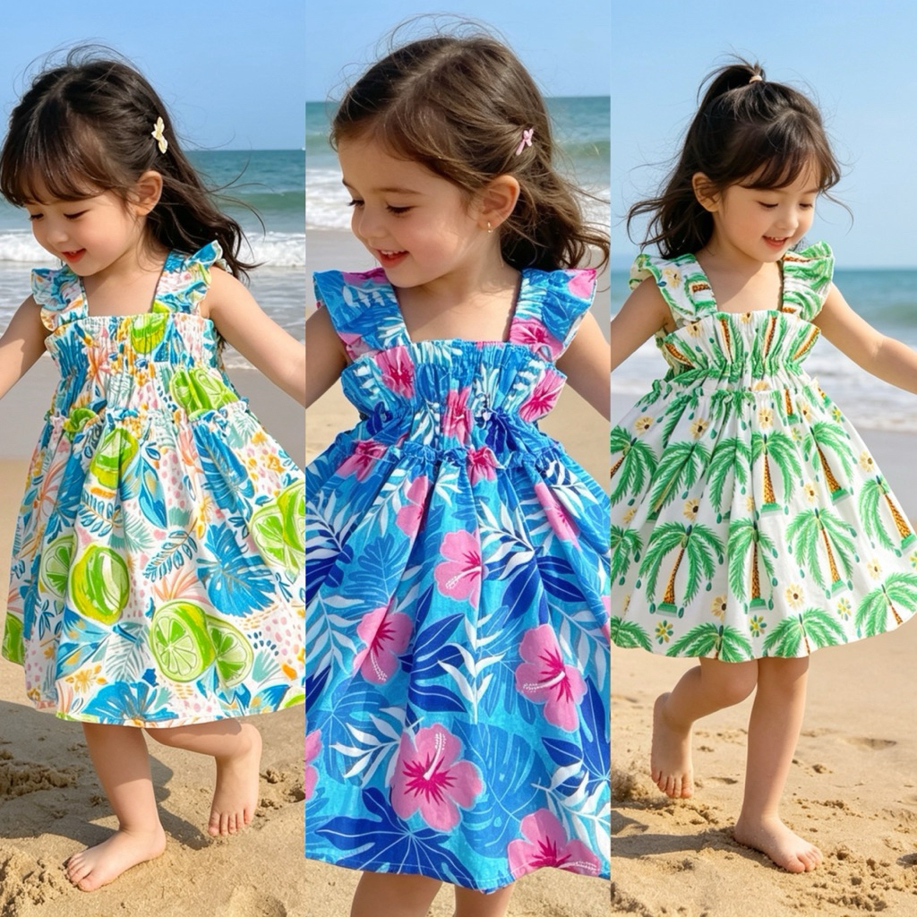 Váy Bé Gái Đũi Đi Biển 2–11Y (10–36kg) – Váy Sắc Màu Siêu Thoáng Mát, Dễ Thương Mùa Hè Mina