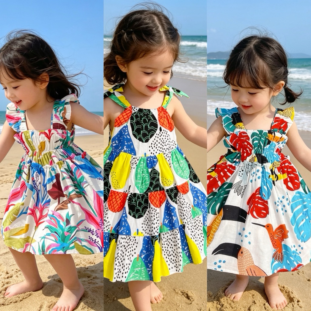 Váy Bé Gái Đũi Đi Biển 2–11Y (10–36kg) – Váy Sắc Màu Siêu Thoáng Mát, Dễ Thương Mùa Hè Mina