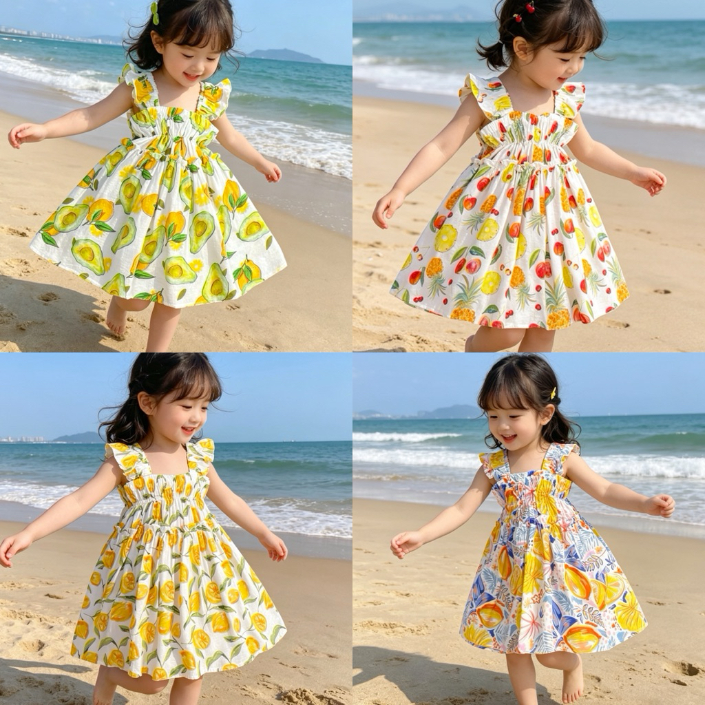 Váy Bé Gái Đũi Đi Biển 2–11Y (10–36kg) – Váy Sắc Màu Siêu Thoáng Mát, Dễ Thương Mùa Hè Mina