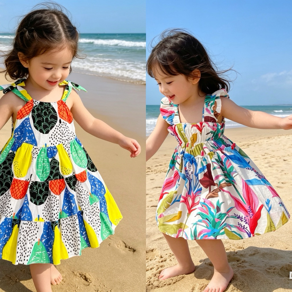 Váy Bé Gái Đũi Đi Biển 2–11Y (10–36kg) – Váy Sắc Màu Siêu Thoáng Mát, Dễ Thương Mùa Hè Mina