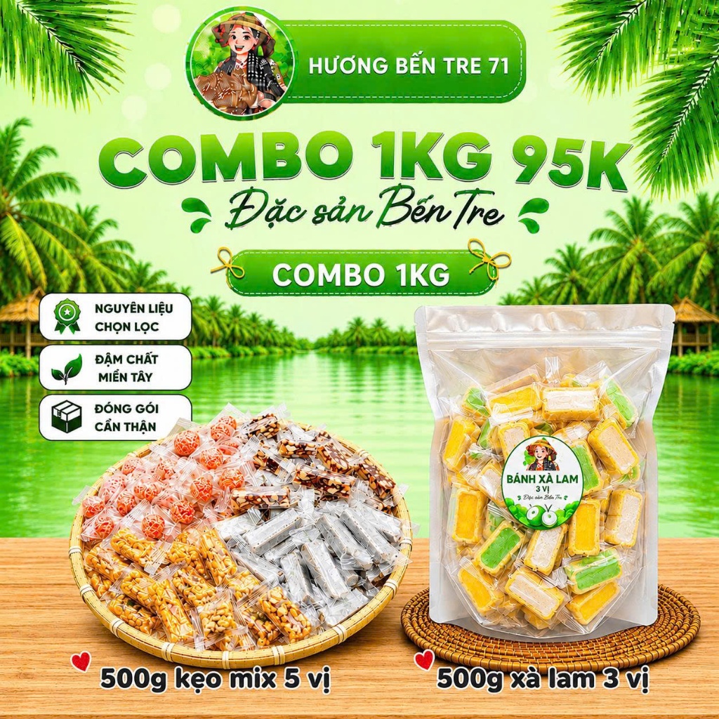 Compo 1Kg Kẹo 95K ( Gồm 5 Vị Kẹo Bến Tre, 500g Bánh Xà Lam Mix)