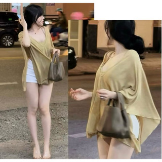 Set áo choàn cổ v rũ nhẹ mềm mại gồm áo hai dây + khoác rũ